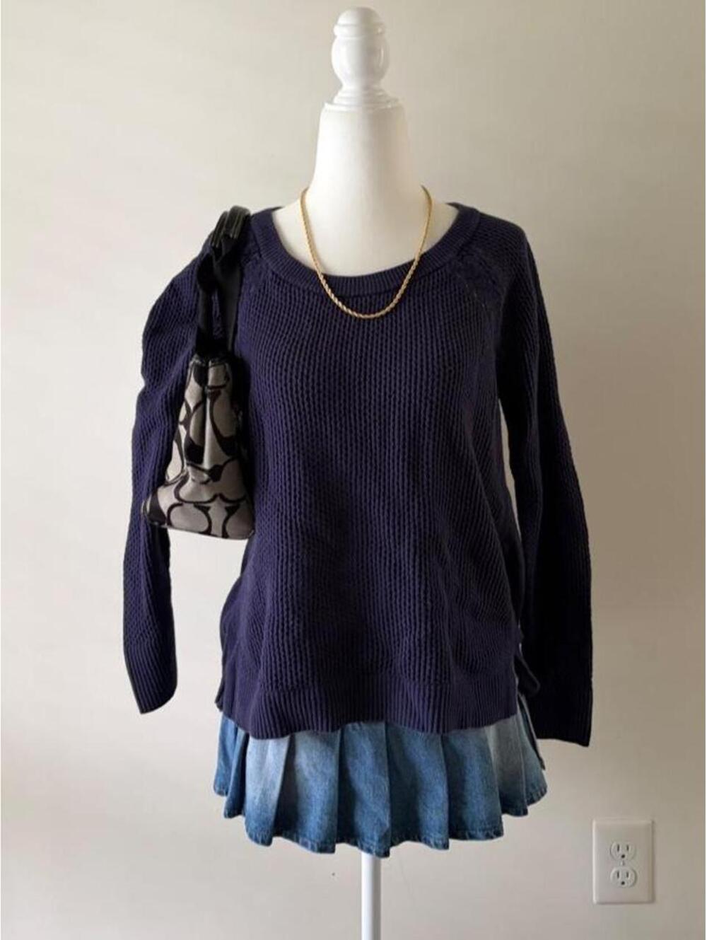 LOFT Navy Waffle Knit Sweater Cozy Soft Girl Slouchy Lightweight Knit Sweater